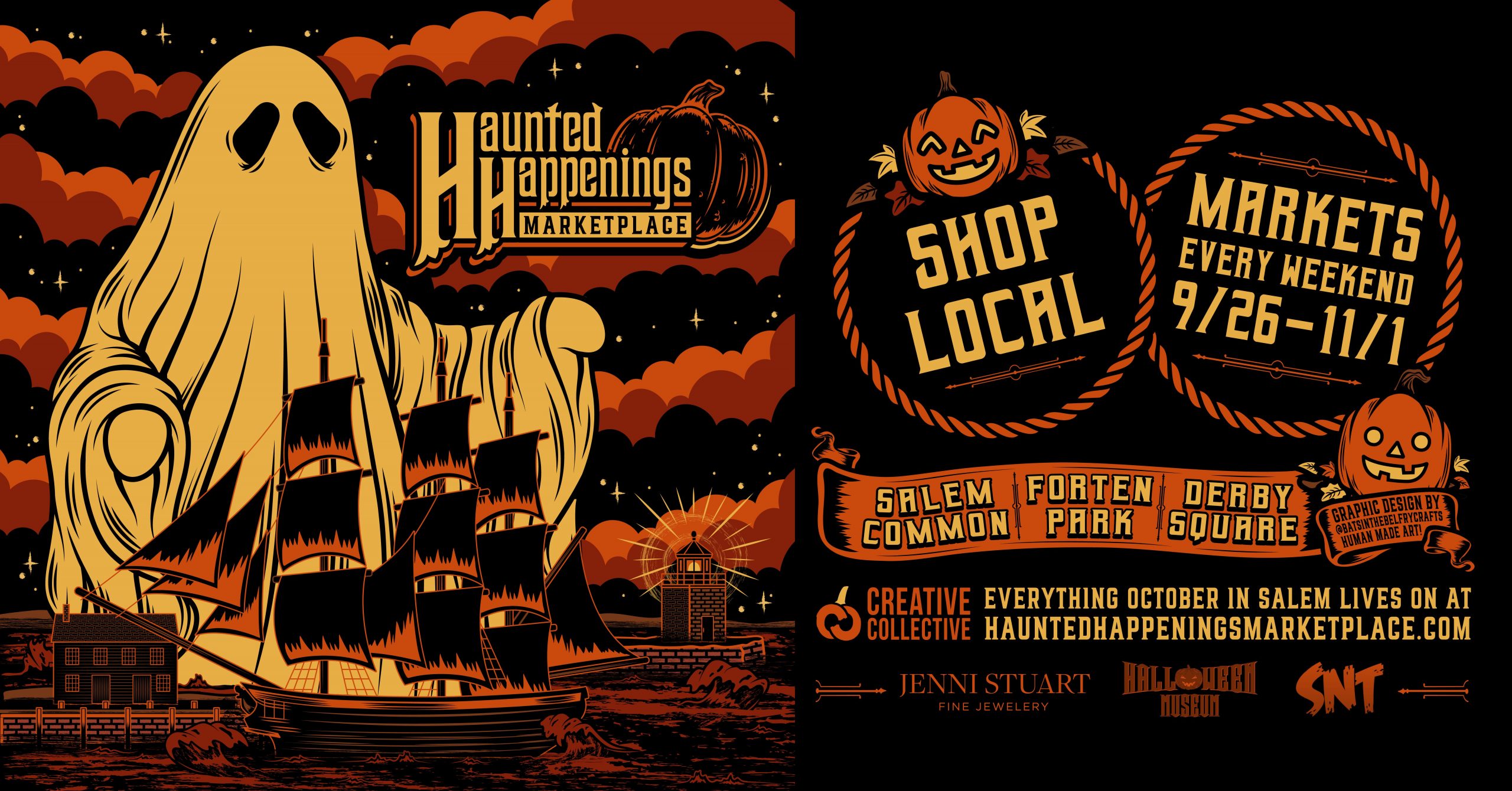 Illustrated giant ghost towering behind the Salem Friendship for the 2026 Haunted Happenings Marketplace.