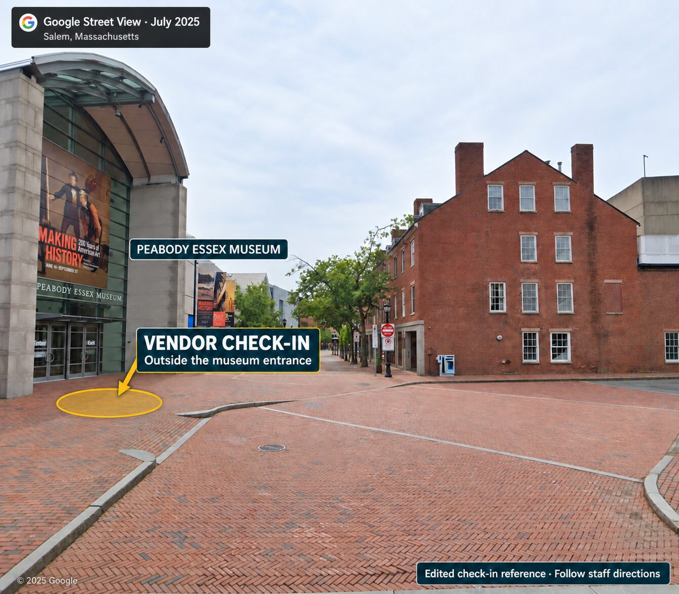 Edited Essex Street reference showing the Peabody Essex Museum on the left, with a gold vendor check-in marker set out on the brick plaza in front of the glass entrance, leaving the doorway area clear.