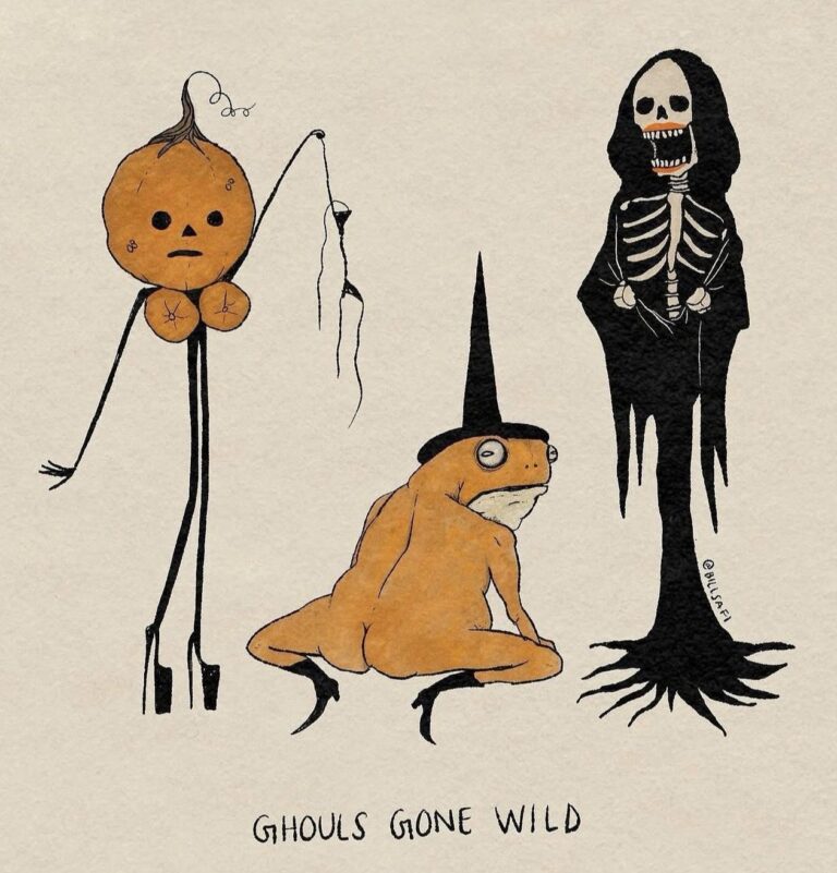 Pumpkin-headed figure, orange witch toad and cloaked skeleton in Ghouls Gone Wild artwork