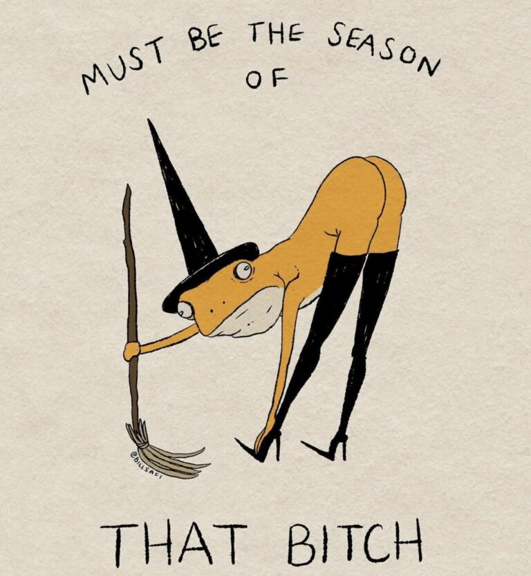 An orange witch on a broom with the words Must Be the Season of That Bitch