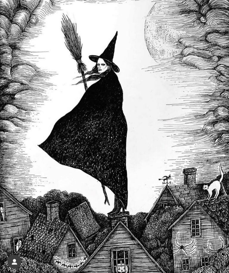 Black-and-white drawing of a towering cloaked witch above village rooftops