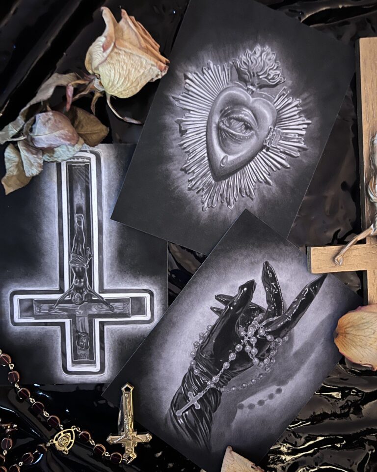 Black and white prints of a sacred heart, an inverted cross, and a gloved hand holding a rosary