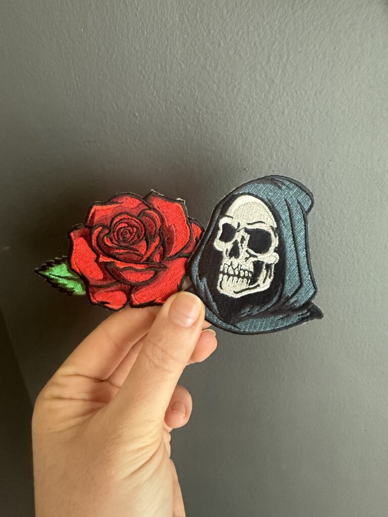 Skull and rose embroidered patches from Hex Haven Co.