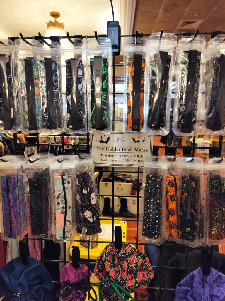 Fabric pen-holder bookmarks and drawstring dice bags by The Atypical Stitcher
