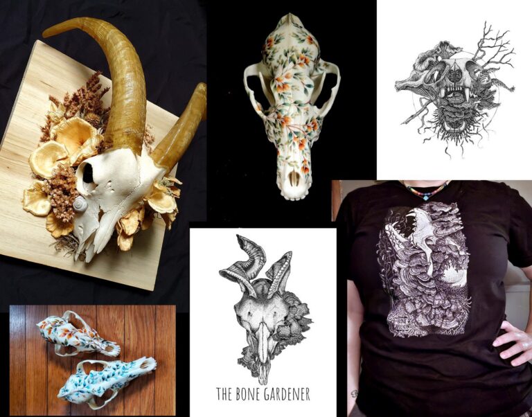 The Bone Gardener collection of floral skulls, preserved botanicals, illustrations and a printed shirt