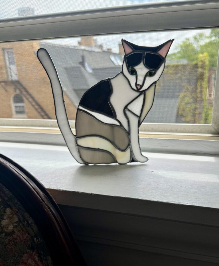 Black-and-white stained glass cat by This & That Stained Glass