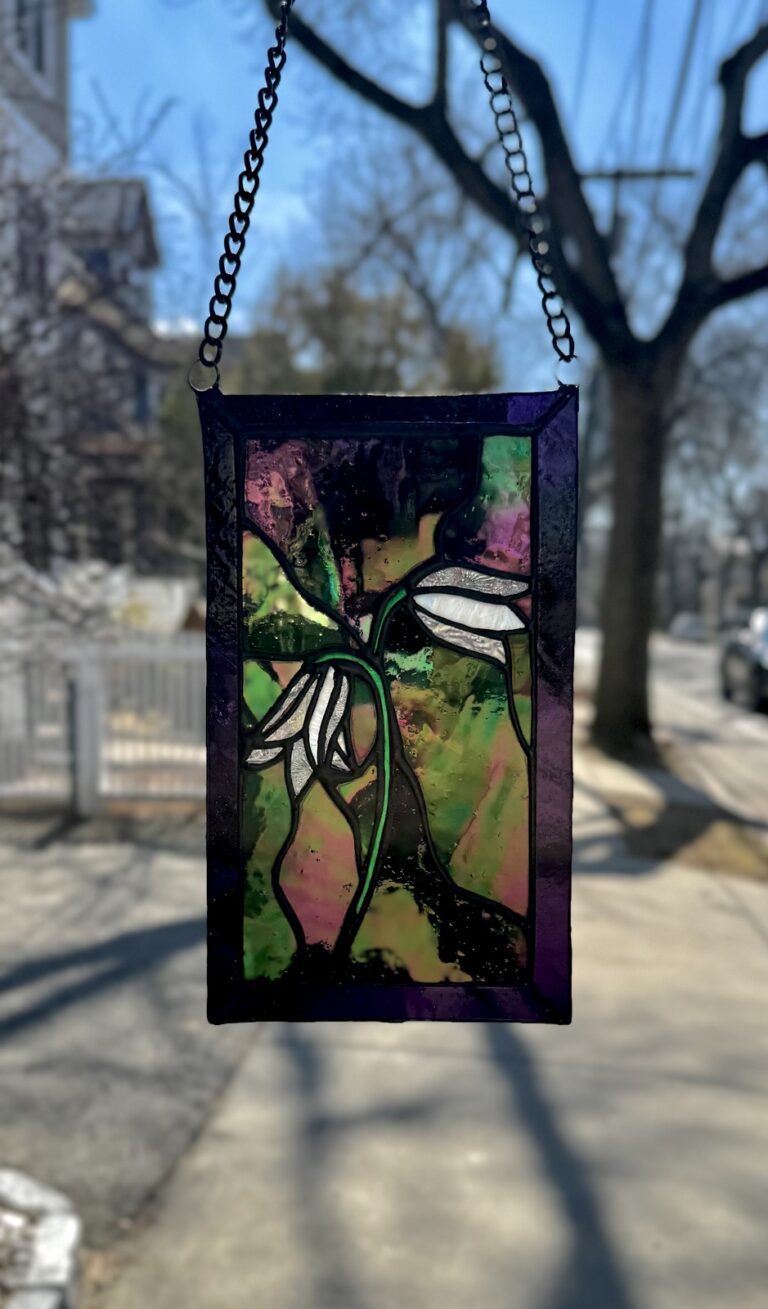 White flowers in iridescent stained glass by This & That Stained Glass