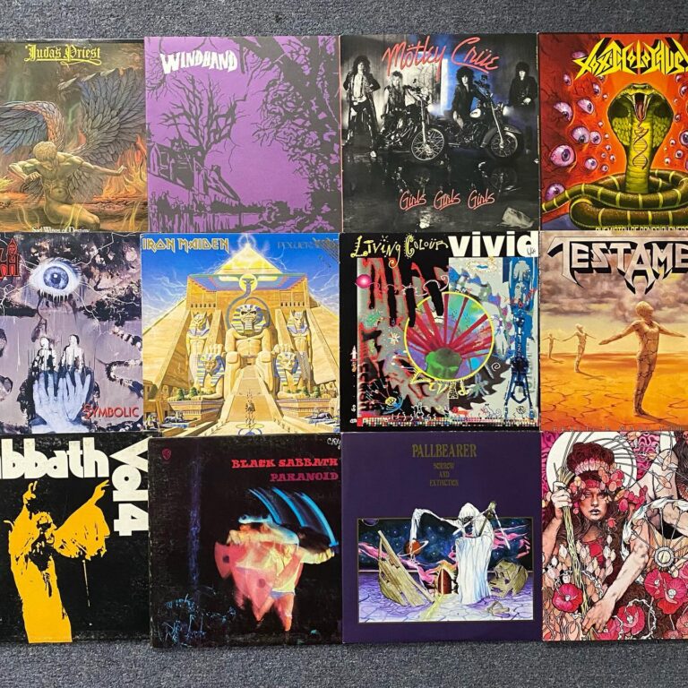 Assortment of heavy metal vinyl records Assortment of heavy metal vinyl records