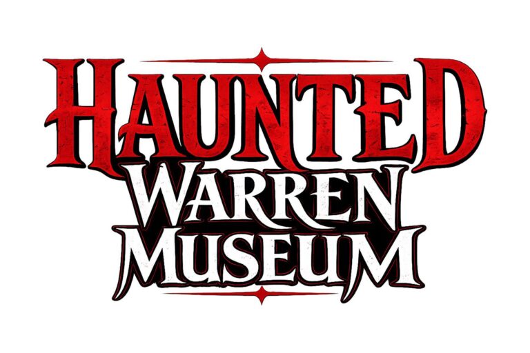 Haunted Warren Museum logo in red and white lettering on a white background.